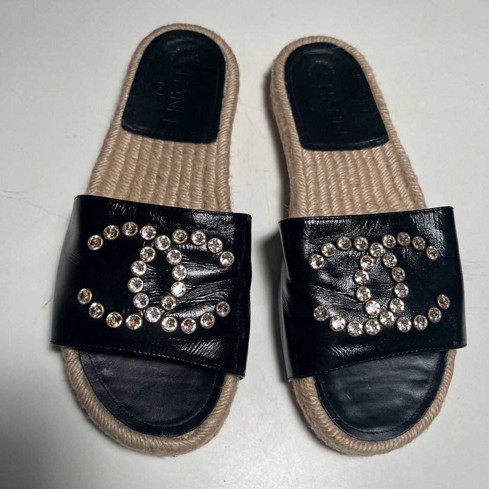 CHANEL Black and Tan Embellished Sandals